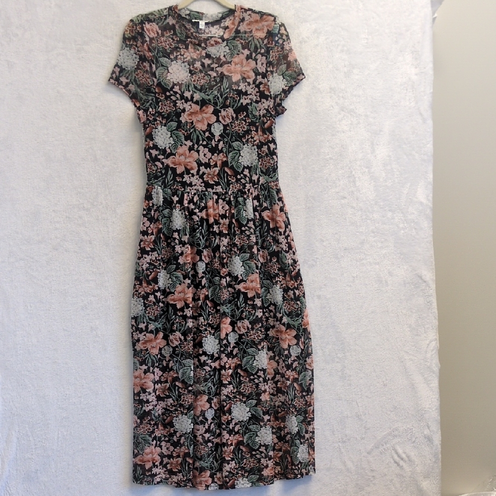 AUW Junior's Mesh Floral Retro Midi Dress Size L